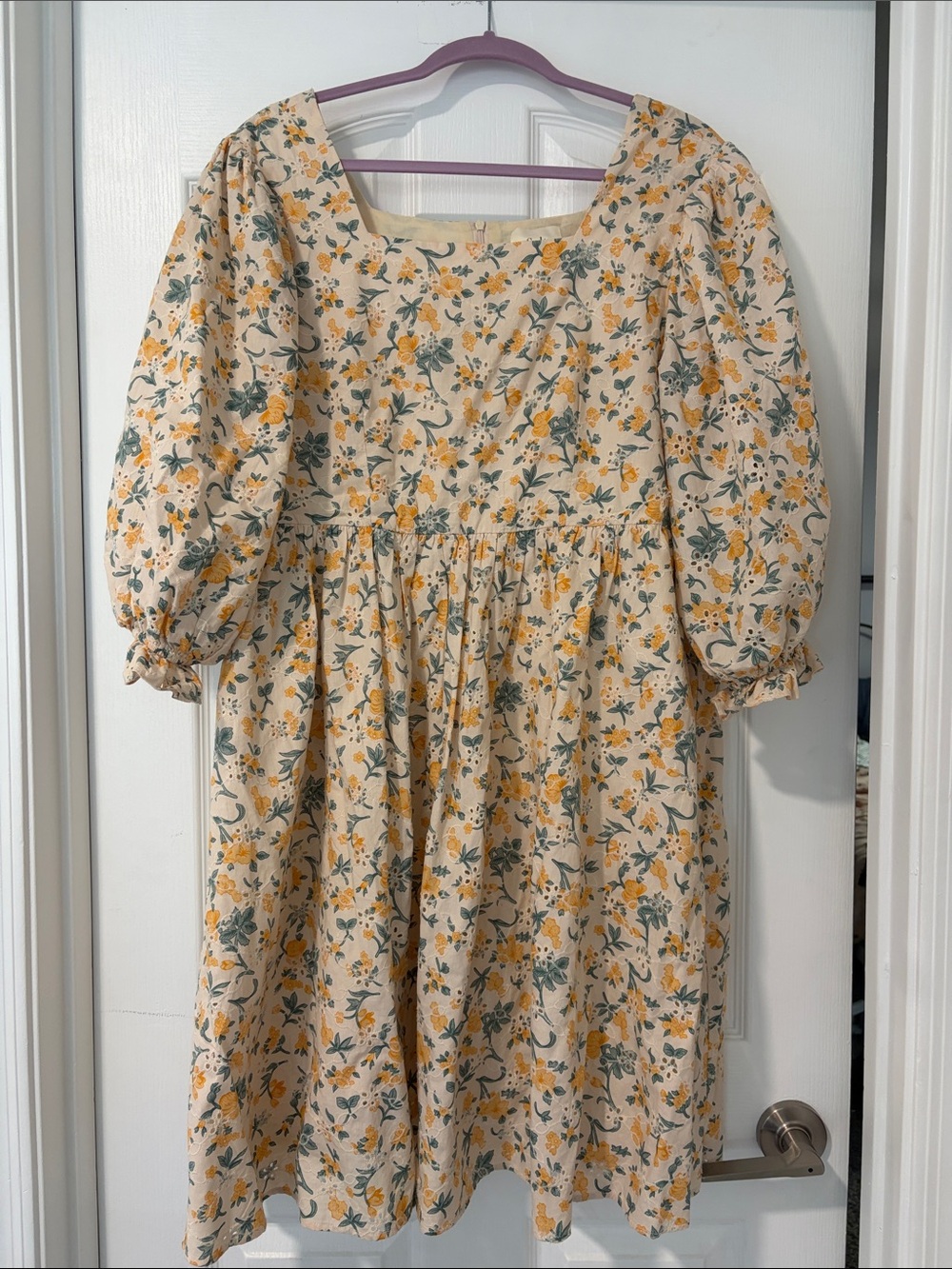 Floral Puff-Sleeve Midi Dress in Cream and Yellow
